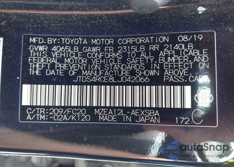 2020 Toyota Corolla Se z USA, uszkodzony, nr VIN JTDS4RCE8LJ042066